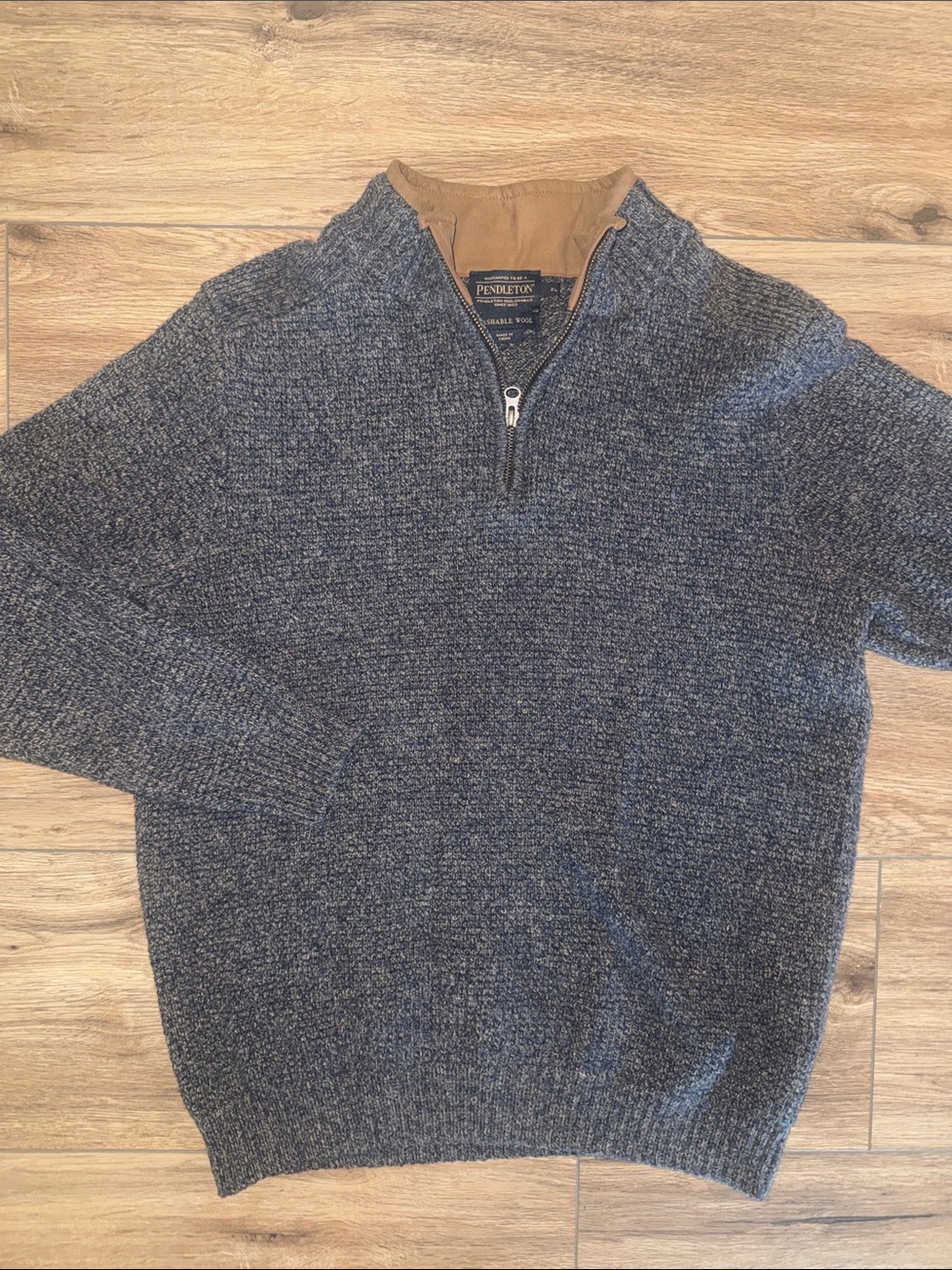 Pendleton Men's Heather Navy Zip-Up Sweater with Tan Collar